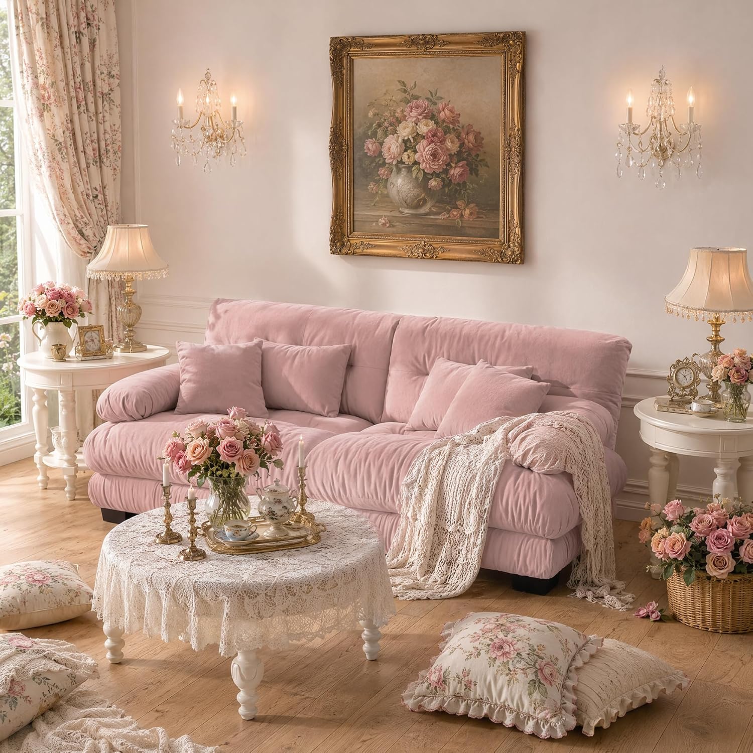 94.4" Oversized Modular Sectional Sofa 2-Seater Loveseat Cloud Couch with Pillows and Overthick Cushion for Living Room, Home Theater, Apartment,Chenille Fabric(Pink)