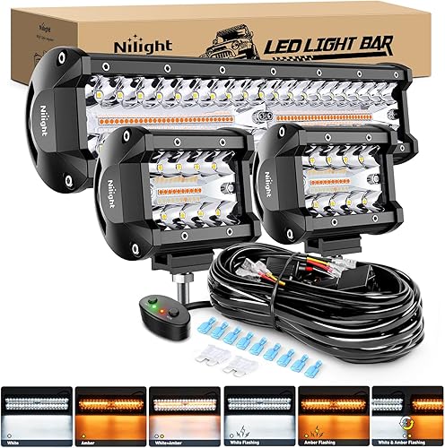 Nilight 12 pulgadas 300 W Barra de luz LED, 2 piezas de 4 pulgadas, 60 W, módulos de luz, luz estroboscópica ámbar y blanca, 6 modos, función de