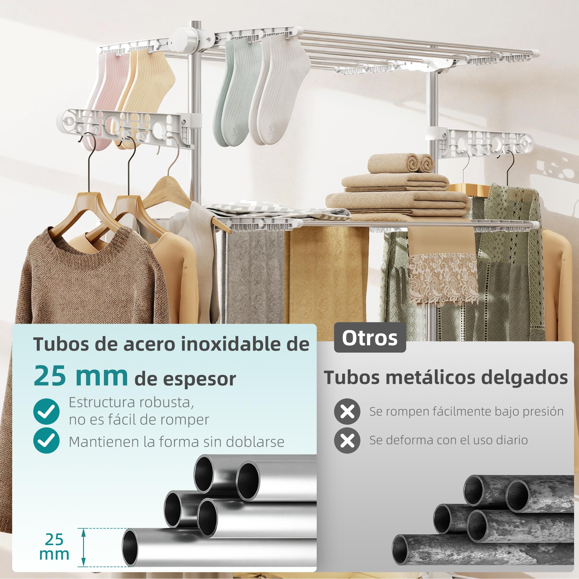 HOMCOM Tendedero Vertical Plegable Tendedero de Ropa con 6 Ruedas 2 Laterales Abatibles Estantes Ajustables y Marco de Acero Inoxidable para Interior y Exterior Blanco