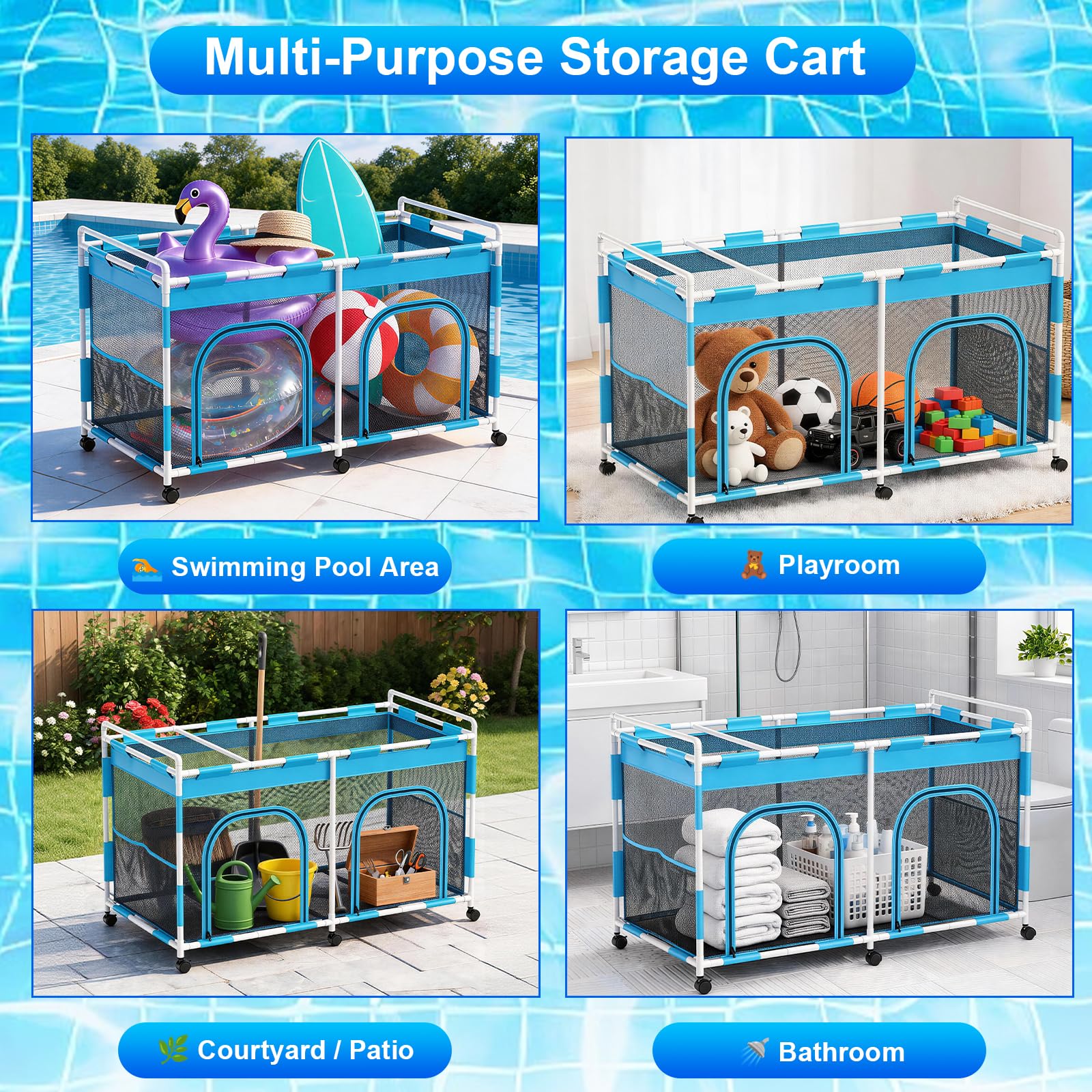 Upgrade - Carrito de almacenamiento para piscina con ruedas, 160 × 82 × 98 cm, organizador de malla para equipo de natación, fideos de piscina, juguetes y toallas, gran capacidad con asa y