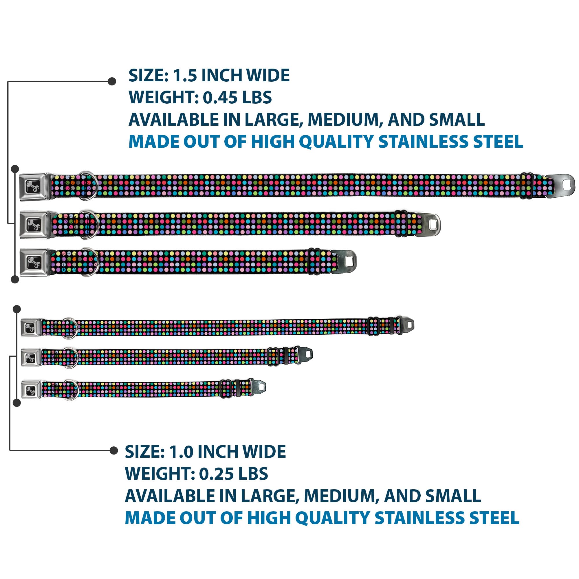 Buckle-Down Obroża dla psa z klamrą pasa bezpieczeństwa - mini kropki czarna/wielokolorowa - szerokość 3,8 cm - pasuje na szyję 33-45 cm - mała