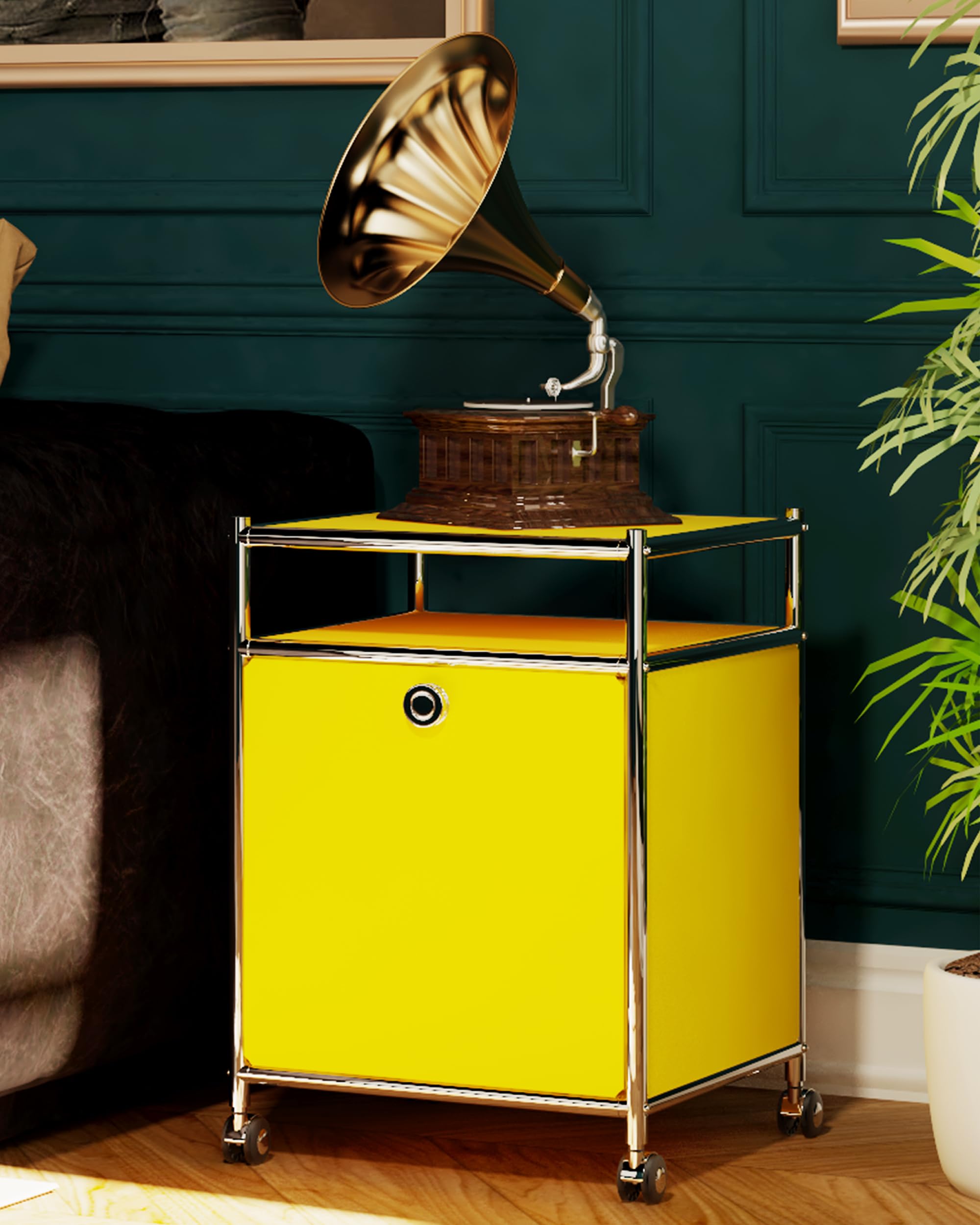 Chariot de Rangement Mat avec Porte à Rabat, Grande capacité, roulettes Amovibles, mobilier Moderne à Monter soi-même, idéal pour la Maison, Le Bureau, la Chambre, la Cuisine (Jaune Mat)