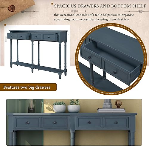 Miniatura 7 de FRANSOUL Consola de madera maciza con estantes de almacenamiento con cajones y estante inferior, mesa de entrada de 58 pulgadas para sala de estar,