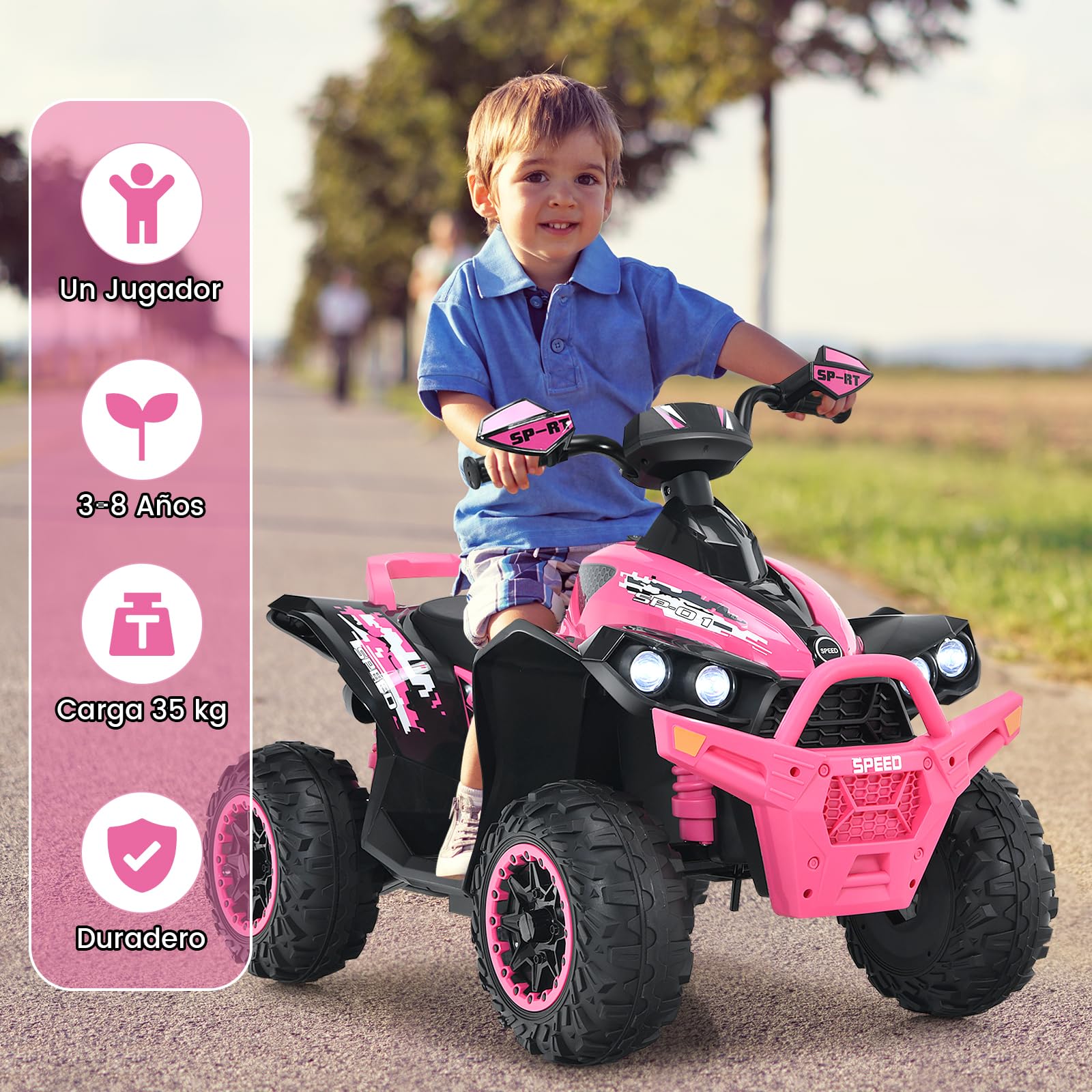 RELAX4LIFE Quad Eléctrico para Niños 12V 2,2-4,3km/h Velocidad Ajustable Faro LED Bocina Música Carga 35kg Rosa