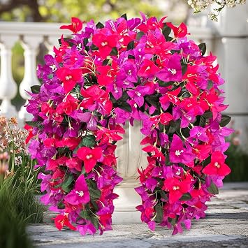 ICX 2 PCS Artificial Bougainvillea Flowers for Outdoors,Fake Silk UV Resistant Hanging Flowers,Realistic Artificial Flowers for Decoration,Outdoor Faux Plants for Door Porch Patio Planter YardMix