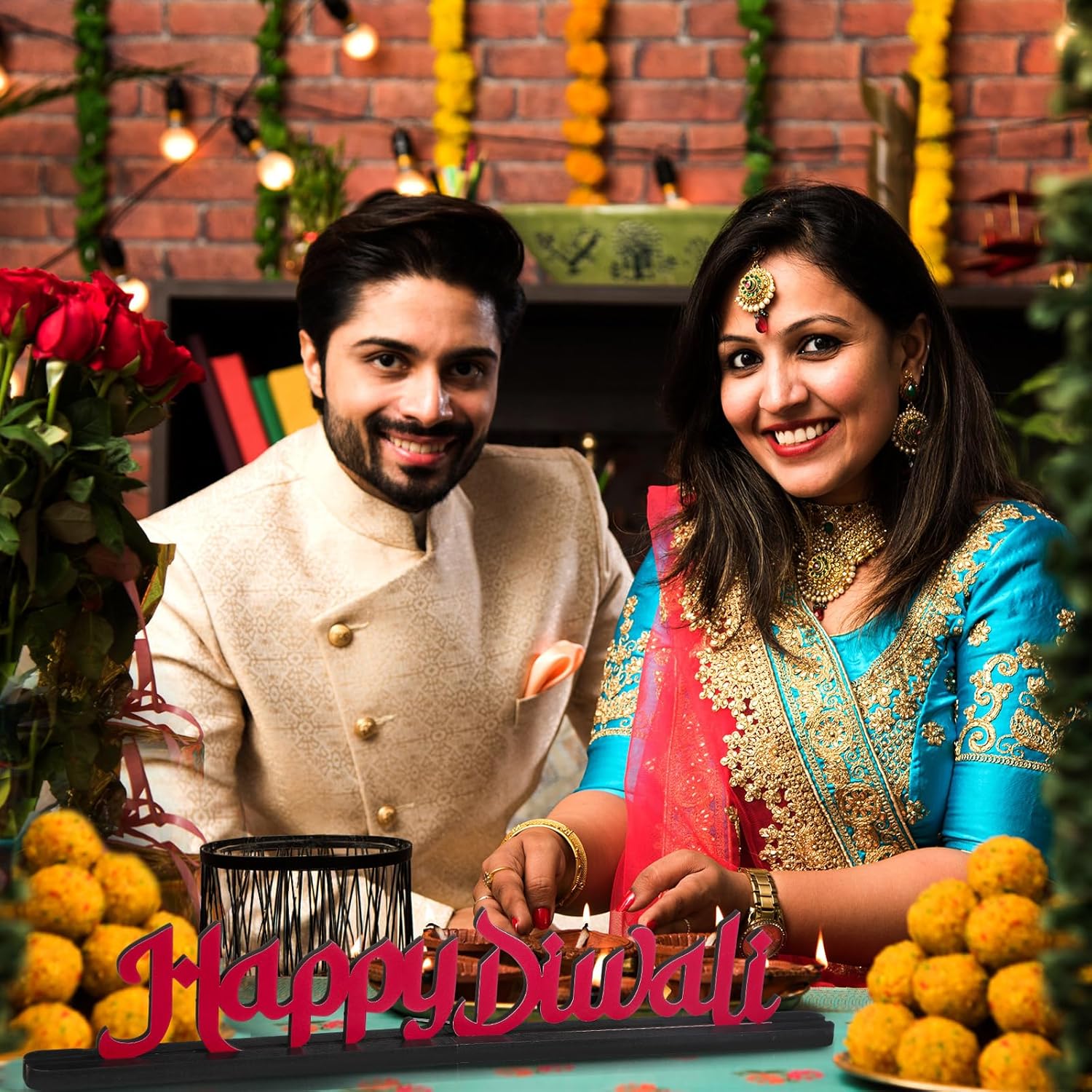 Amyhill 19 Inch Happy Diwali Wooden Table Decor Diwali Tabletop Centerpiece Indian Deepawali Decoration Sign for Home Office Desk Traditional Festival Deepawali Party Supplies