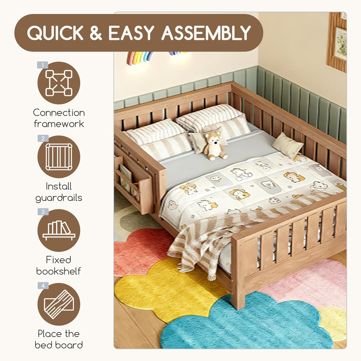 Bellemave Full Size Floor Bed Frame with Fence & Bookshelf, Solid Pinewood Montessori Floor Bed Full with Slats Load 450LBS, Low Profile Floor Bed for Kids, Bedroom, Nursery, Easy Assembly, Oak Brown