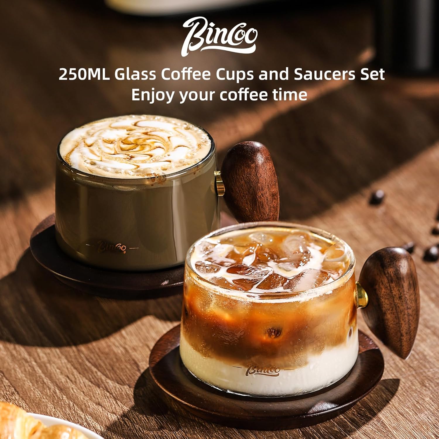 Bincoo Glass Coffee Cups and Saucers Set, 250ML Clear Glass Iced Coffee Mug Espresso Cup Tea Cup with Walnut Handle and Coaster (Gray) - Image 6