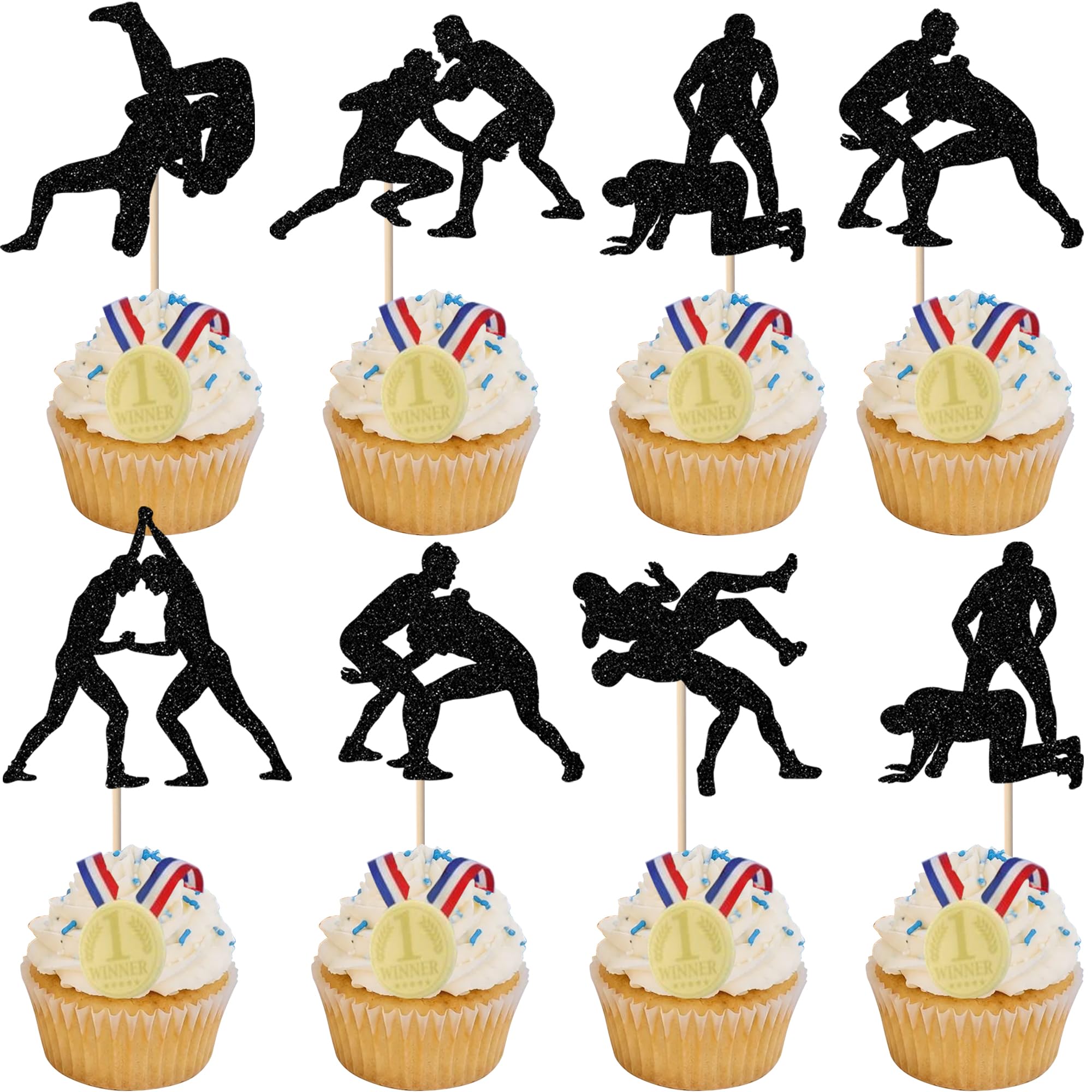 Rsstarxi 24 Pack Wrestling Cupcake Topper Wrestling Party Decorations Glitter Wrestler Cupcake Picks for Boy Man Wrestling Sports Theme Baby Shower