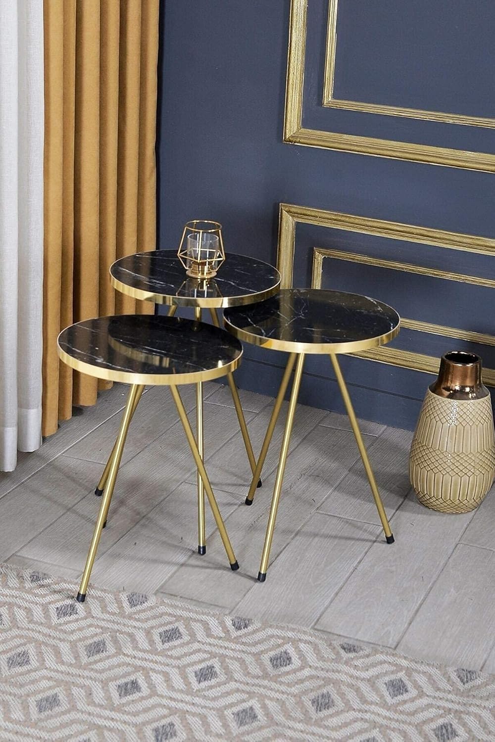 Set of 3 Nesting END Tables - Round Stacking Coffee Side Tables for Small Spaces, Nightstand Bedside Table for Living Room, Bedroom, Living Room, Balcony, NO-TOOLS ASSEMBLY (BLACK MARBLE/GOLD, SUNSET) : Home & Kitchen