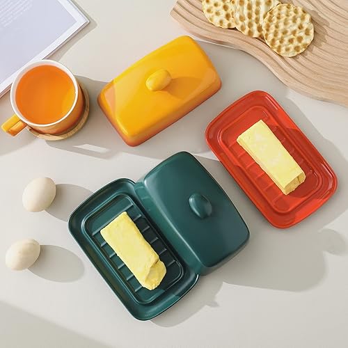 Miniatura 6 de Candiicap - Mantequillera grande de porcelana con tapa, plato de mantequilla clásico que cambia de color para encimera, soporte grande para