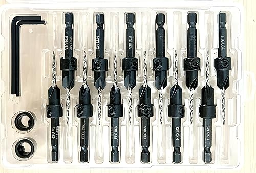 Miniatura 7 de FTG USA Juego de 12 brocas avellanadoras #4 (764 pulgadas) para madera, juego Pro Pack avellanador, broca avellanadora cónica, 2 collares de tope de