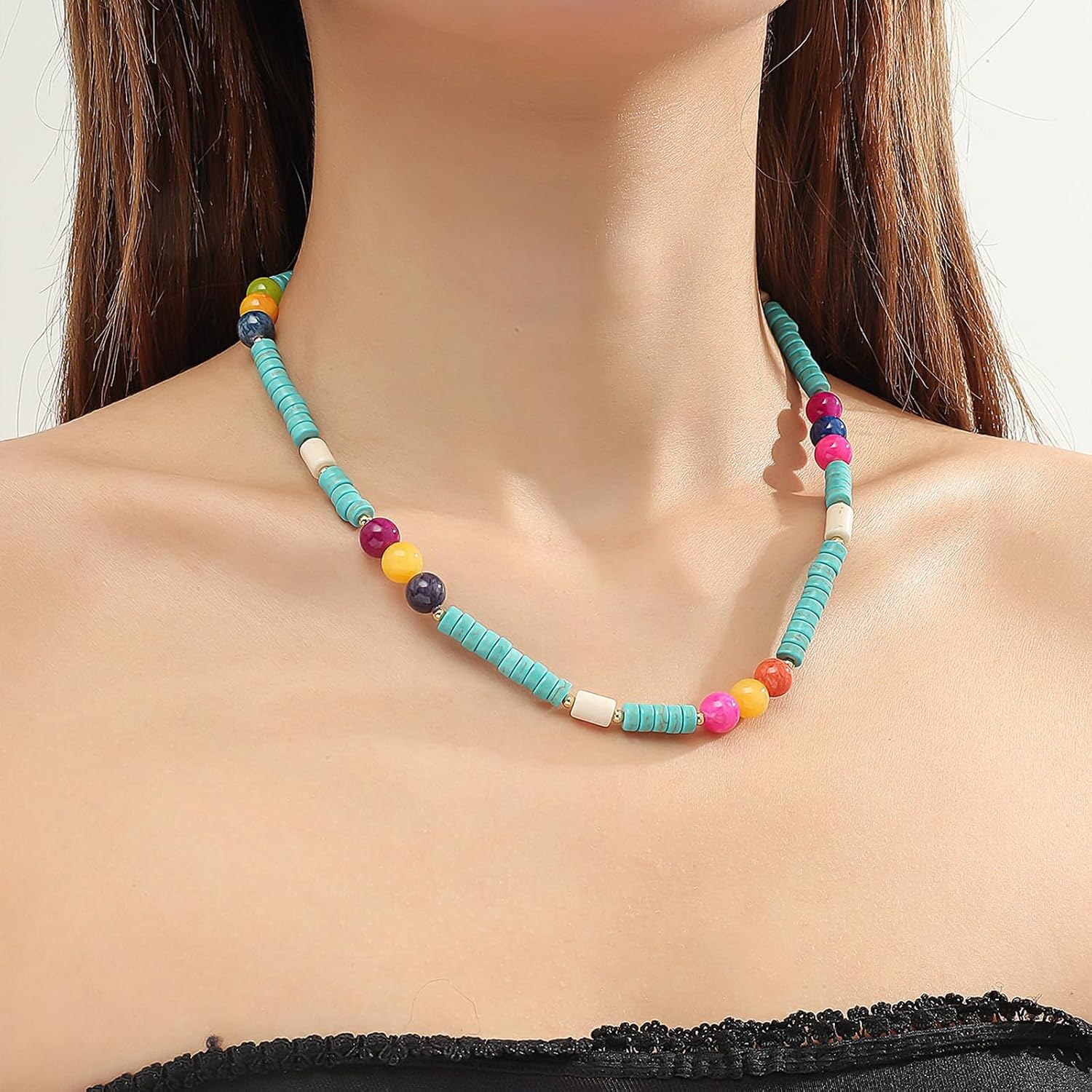 HETICA Turquoise Beaded Necklace for Women Colorful Beaded White Turquoise Choker Necklace Jewelry Gift