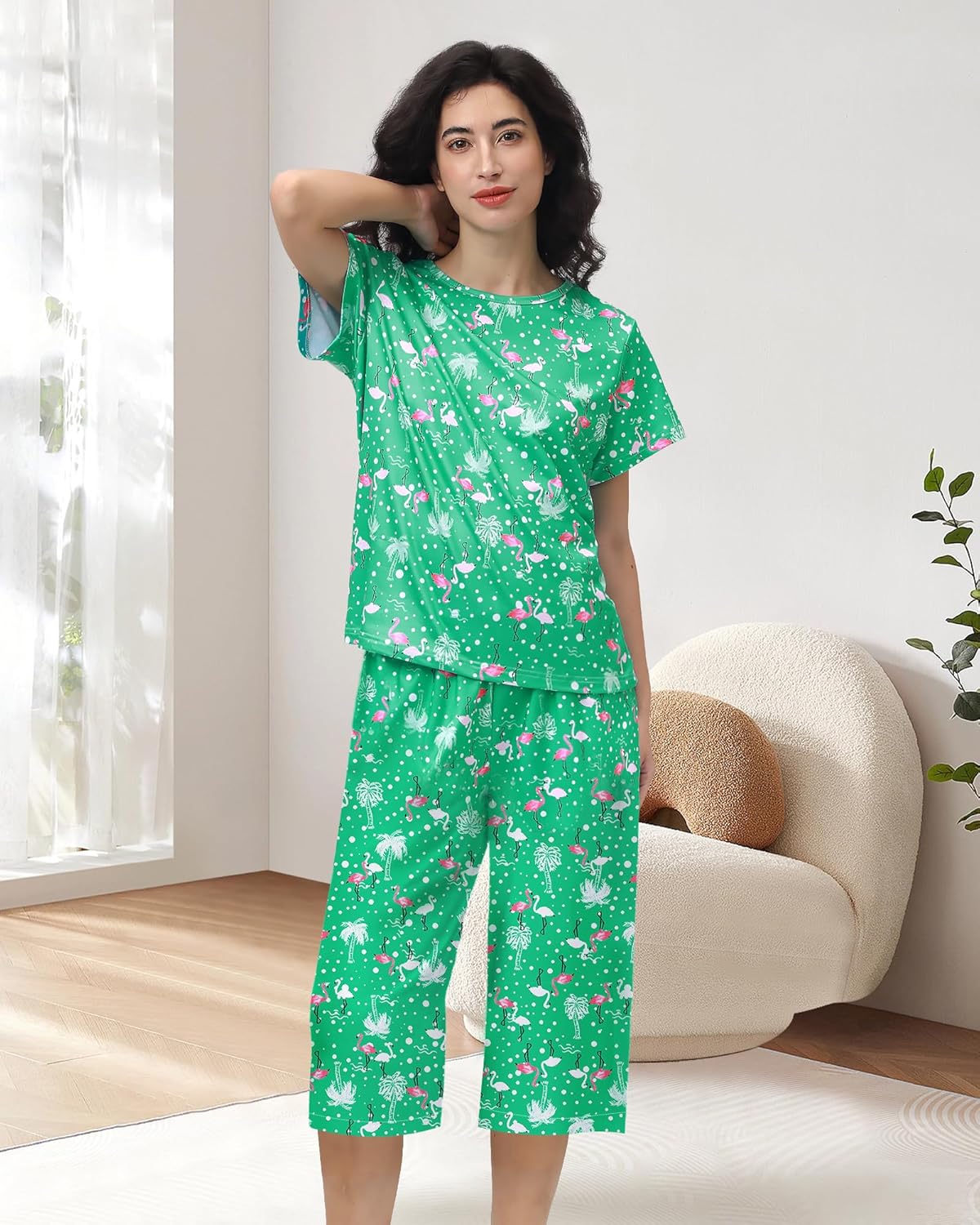 XPUDAC 4-Pack Womens Pajama Sets Short Sleeve Tops with Capri Pants Soft Sleepwear Pjs Set - Image 3