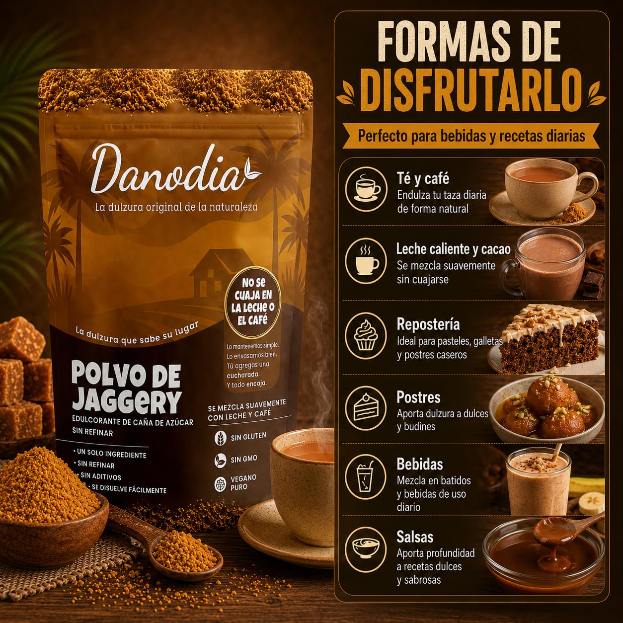Danodia Foods Jaggery en Polvo 950 g / 2 lb, Endulzante Tradicional en Bolsa Resellable, Especialmente Formulado para Leche, Té, Café, Postres y Cocina Diaria