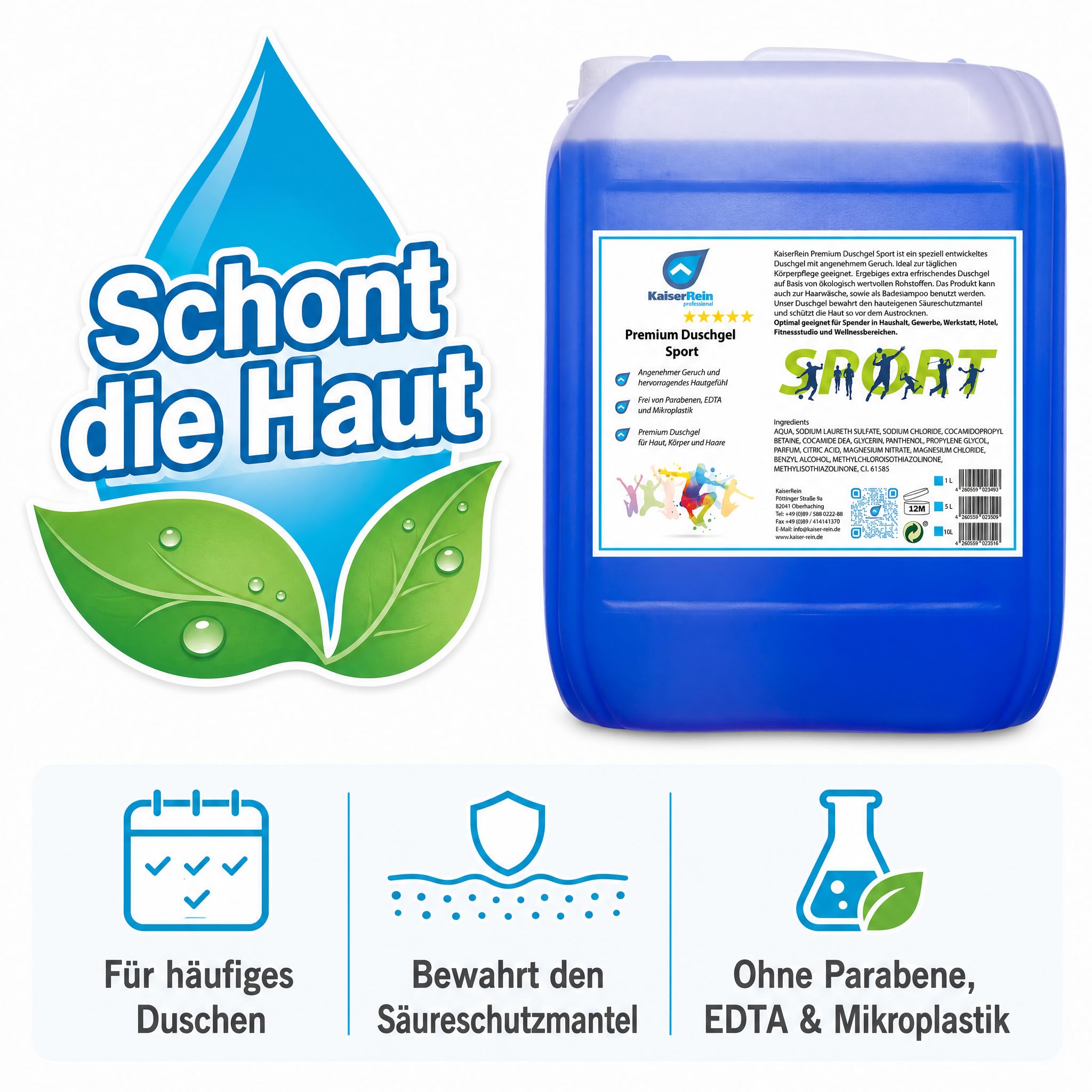 KaiserRein Duschgel Sport, Premium Duschgel für Herren und Damen, 10 L Kanister als Nachfüllpack für Spender, mikroplastikfrei, ohne Parabene und EDTA, für Körper, Haare & als Badezusatz