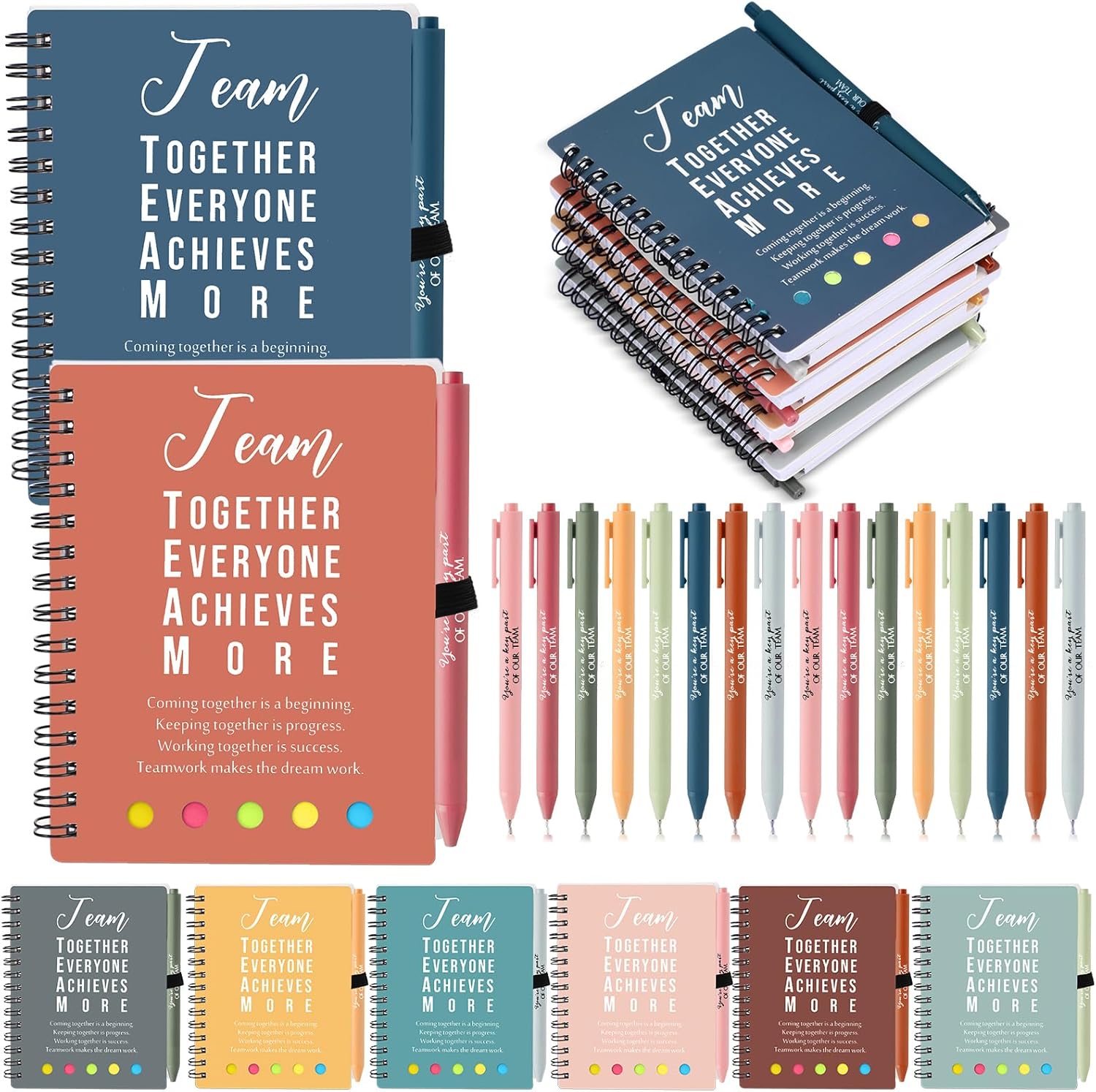 Resurhang 48 Pcs/24 Set Employee Appreciation Gift for Coworkers Staff Teacher Positive A6 Spiral Journal Notebook with Pen for Team Volunteer Week Lab Week(Bright Color,Team Together)