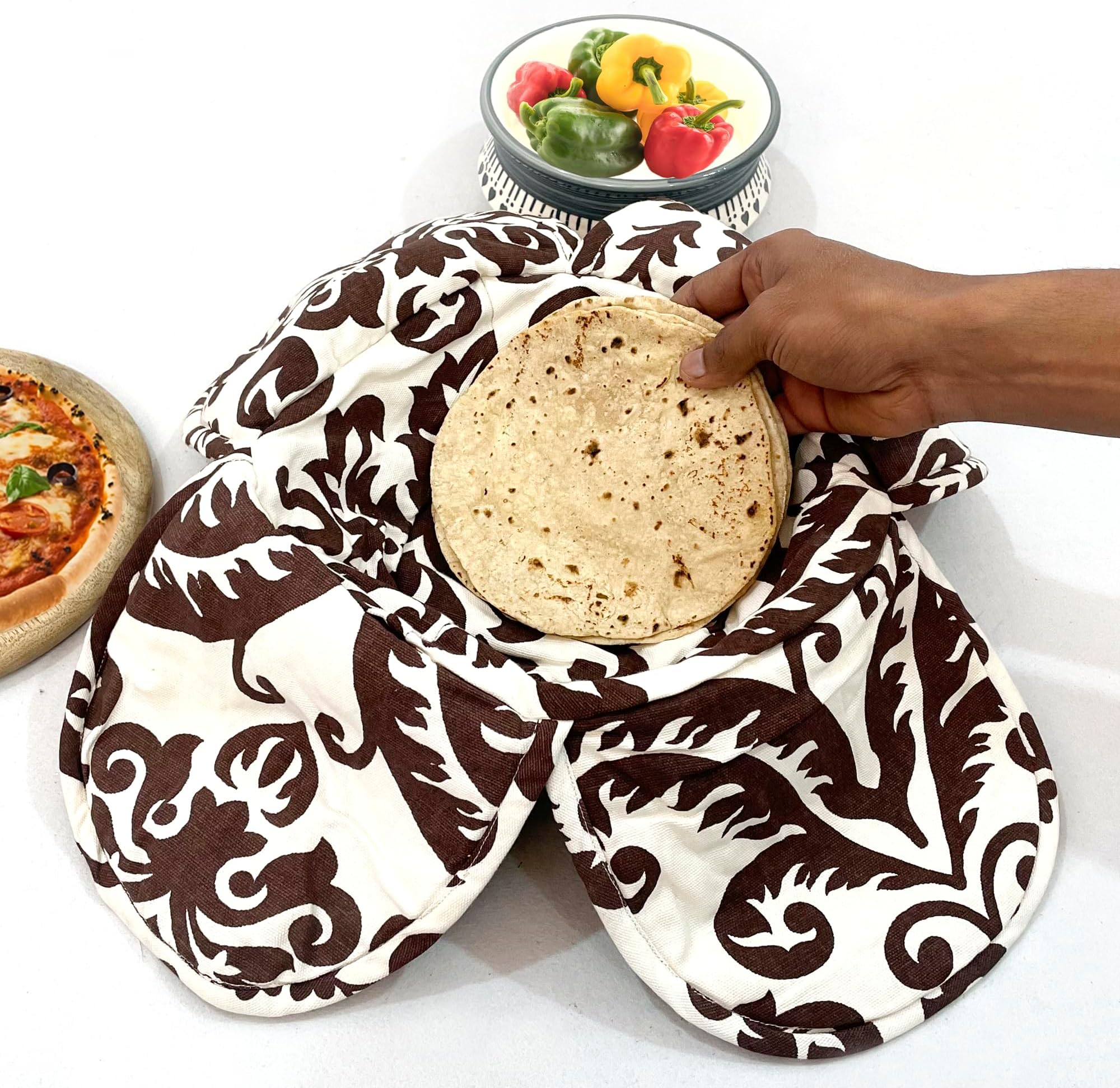 Swayam 100% Cotton Motif Design Printed Olive and Brown Colour Bread/Roti Basket | Size: 22 cms Diameter with Removable Cover | Pack of 1