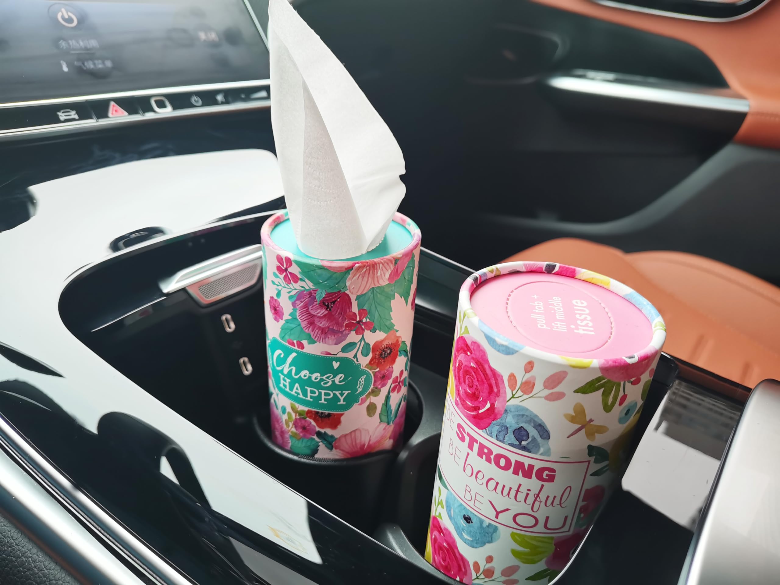 5-Pack Car Tissue Holder (4PK + 1 Lucky Color PK),Car Tissues Cylinder, Cute Floral Design & Positive Quotes | Compact, Super Absorbent 3-Ply Tissues for Car Cup Holders