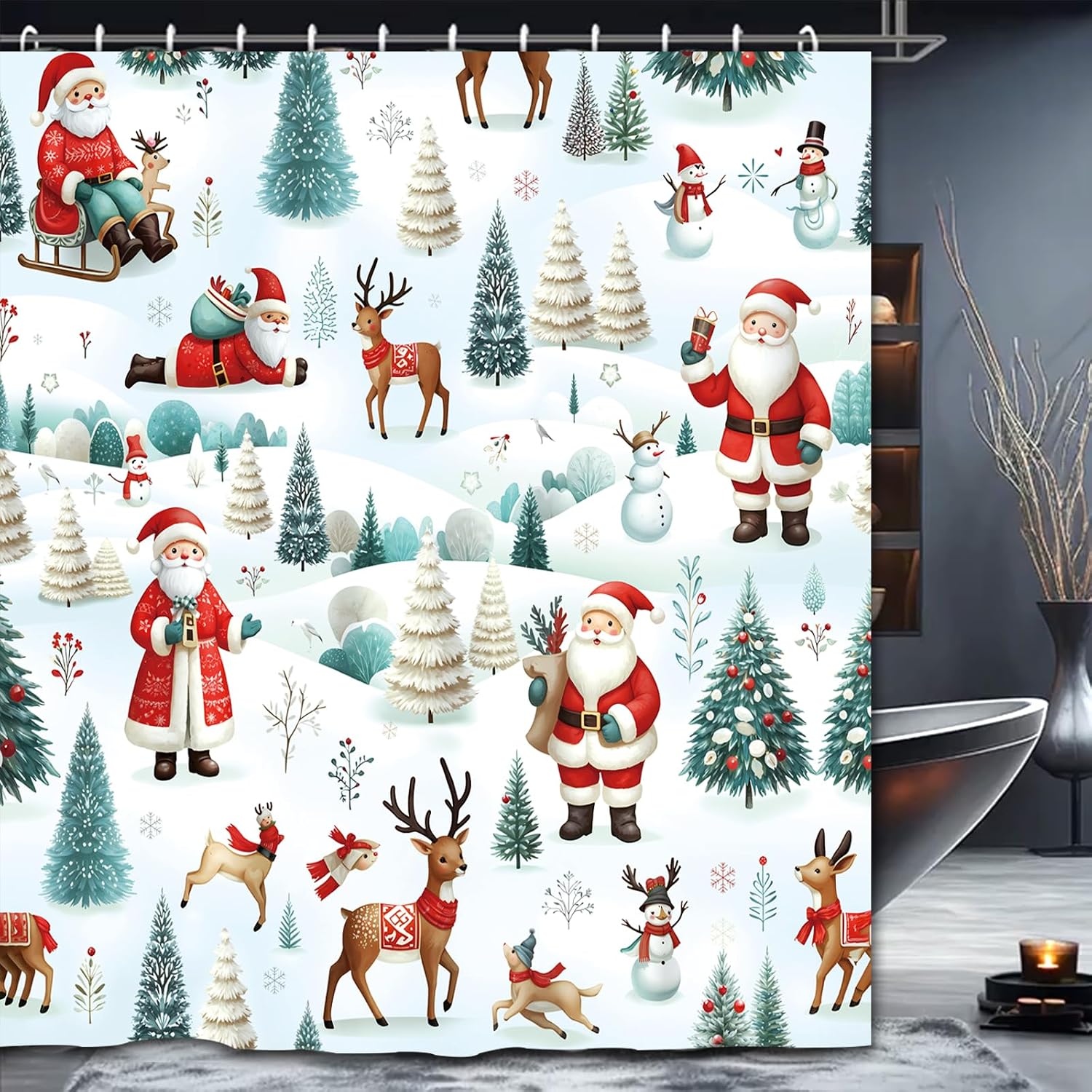 Christmas Shower Curtain，Santa Claus Castle Reindeer Shower Curtain，Winter Christmas Shower Curtains for Bathroom ，72x72 Inch Waterproof Polyester Insulated Home Decor Set ，with Hooks