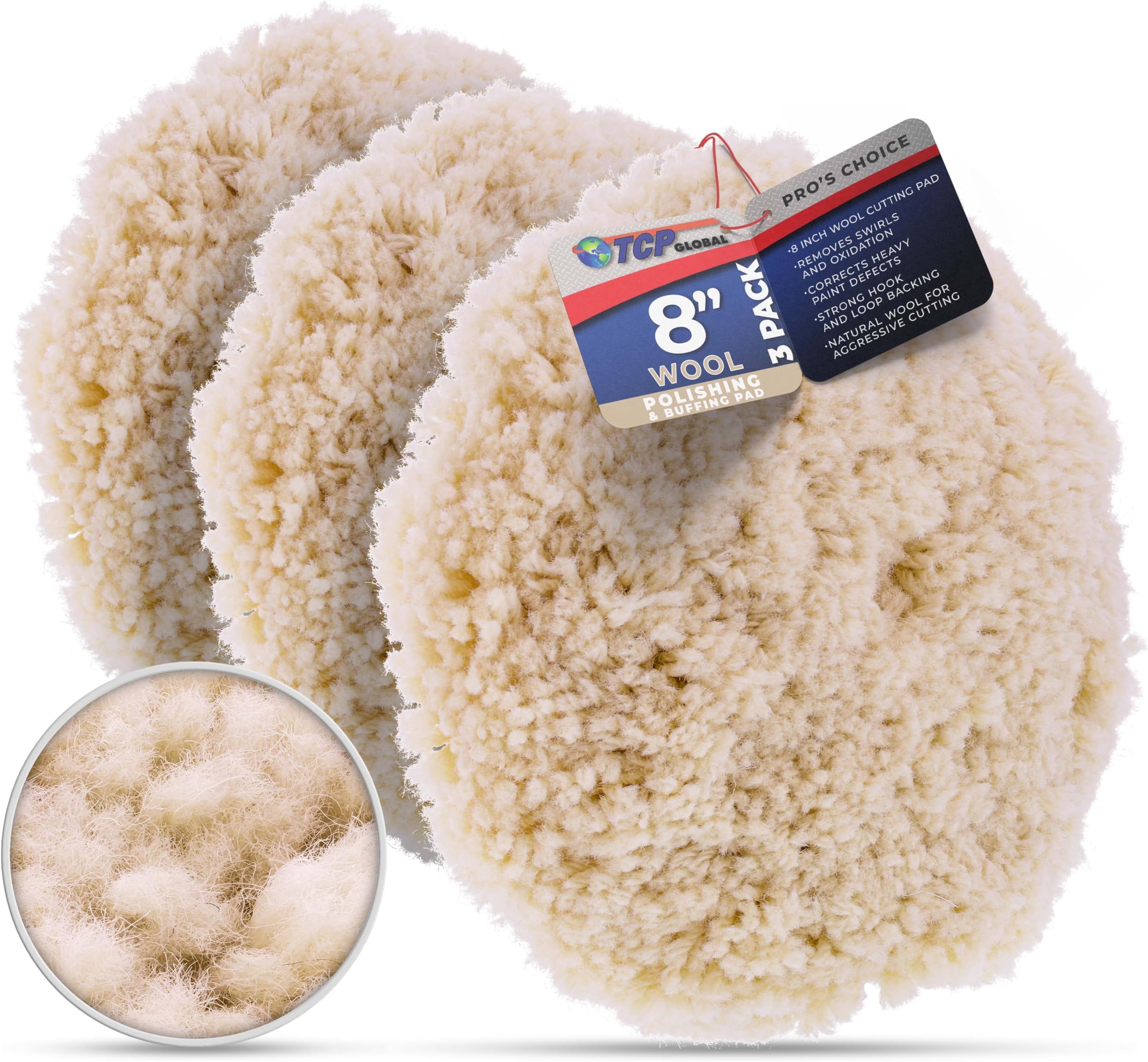 TCP Global 8" 100% Wool Polishing & Buffing Pad (3 Pack) with Hook and Loop Backing - Wool Buffing Pad for Automotive, Marine, Truck, RV & Compound Cutting