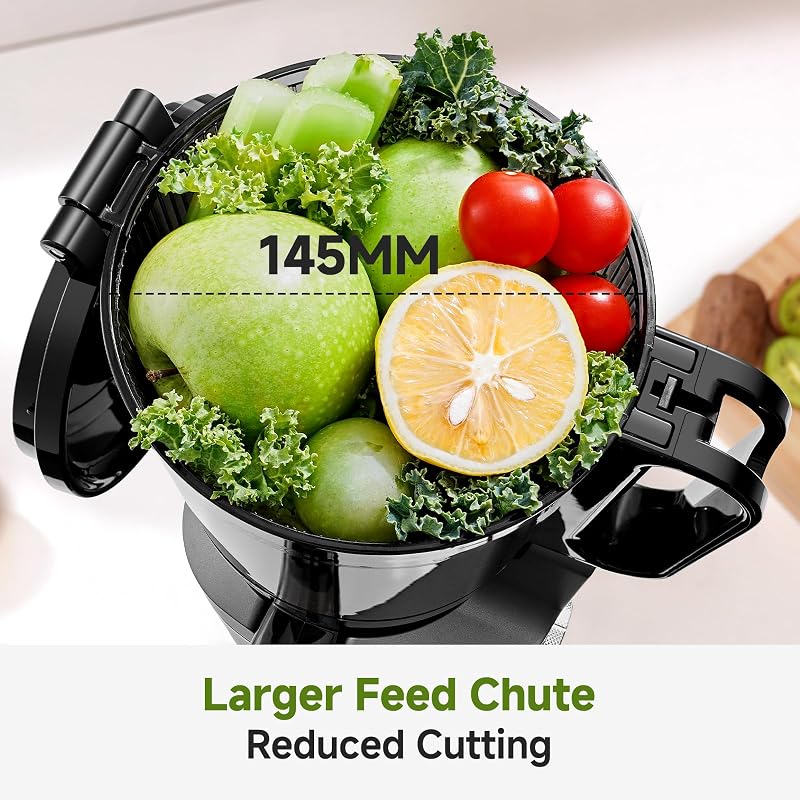 AMZCHEF 250W Automata Gyümölcsprés 1,8L Kapacitással - Széles 145mm Adagolónyílás, Hármas Szűrőrendszer, Hidegpréselés, Csendes Motor - Feke