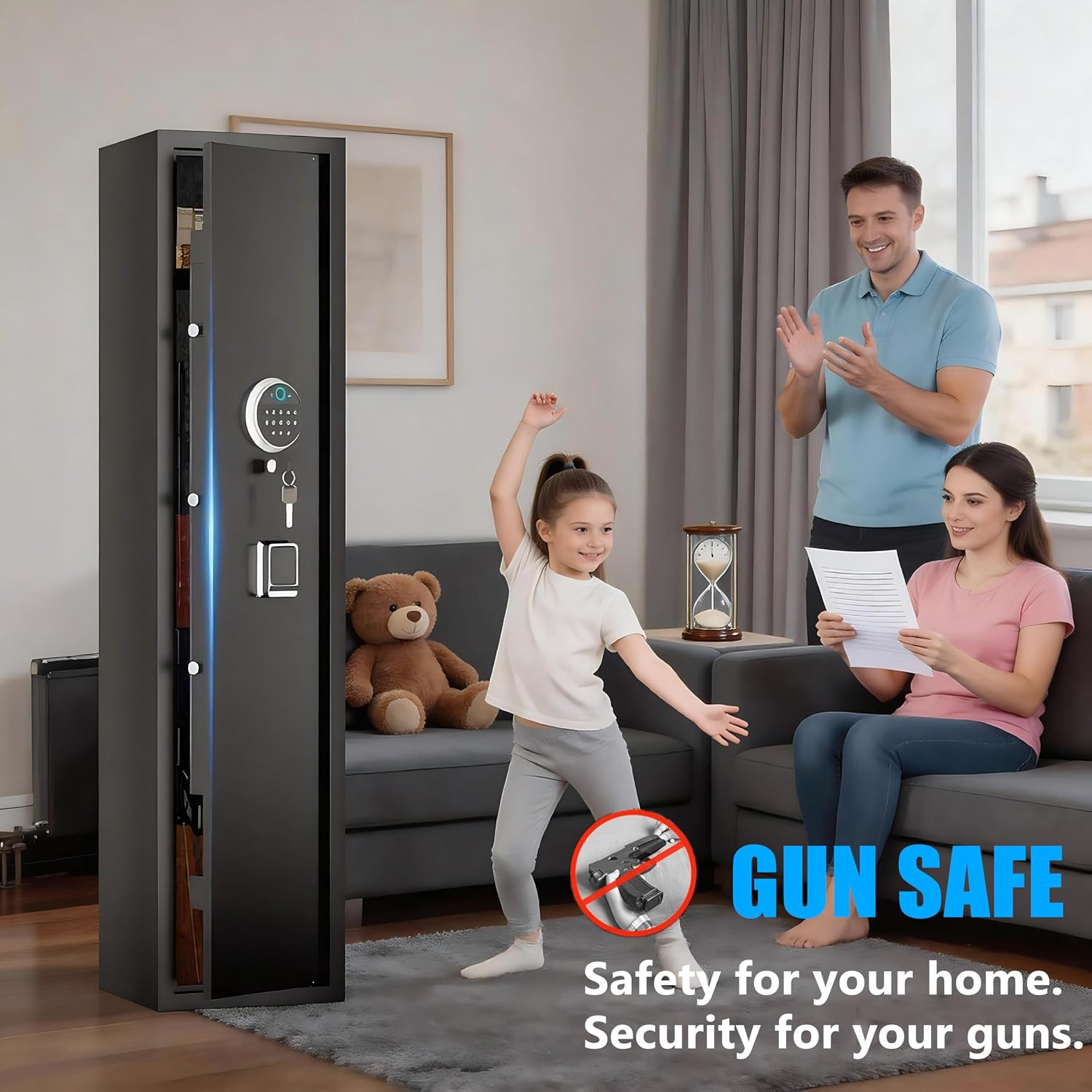 6-8 Gun Safe for Home, Rifles & Pistols with Fingerprint & Keypad Lock, Alarm System, Large Capacity Cabinet with Adjustable Shelves and Rack, 52" High, Heavy-Gauge Metal, Black