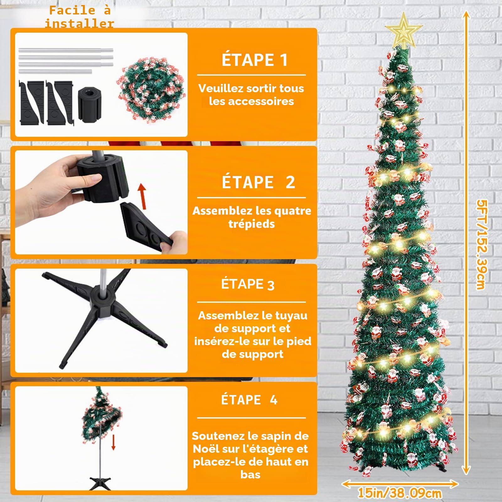 Les-Theresa 38.09 * 152.39cm Sapins de Noël en Forme de Crayon, Arbre de Noël Artificiel avec Guirlande Lumineuse de 5M, Sapin Noël avec éToile de Noel et Base à Quatre Pieds (01)