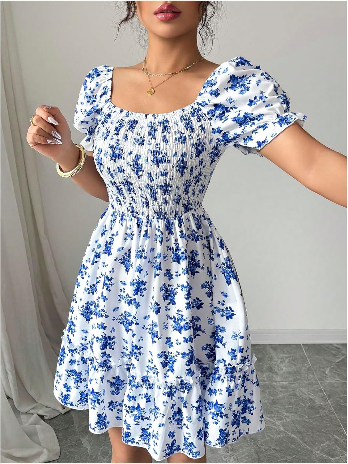 Floerns Women's Floral Puff Sleeve Square Neck Short Dress Smocked A Line Wedding Guest Dresses - Image 4