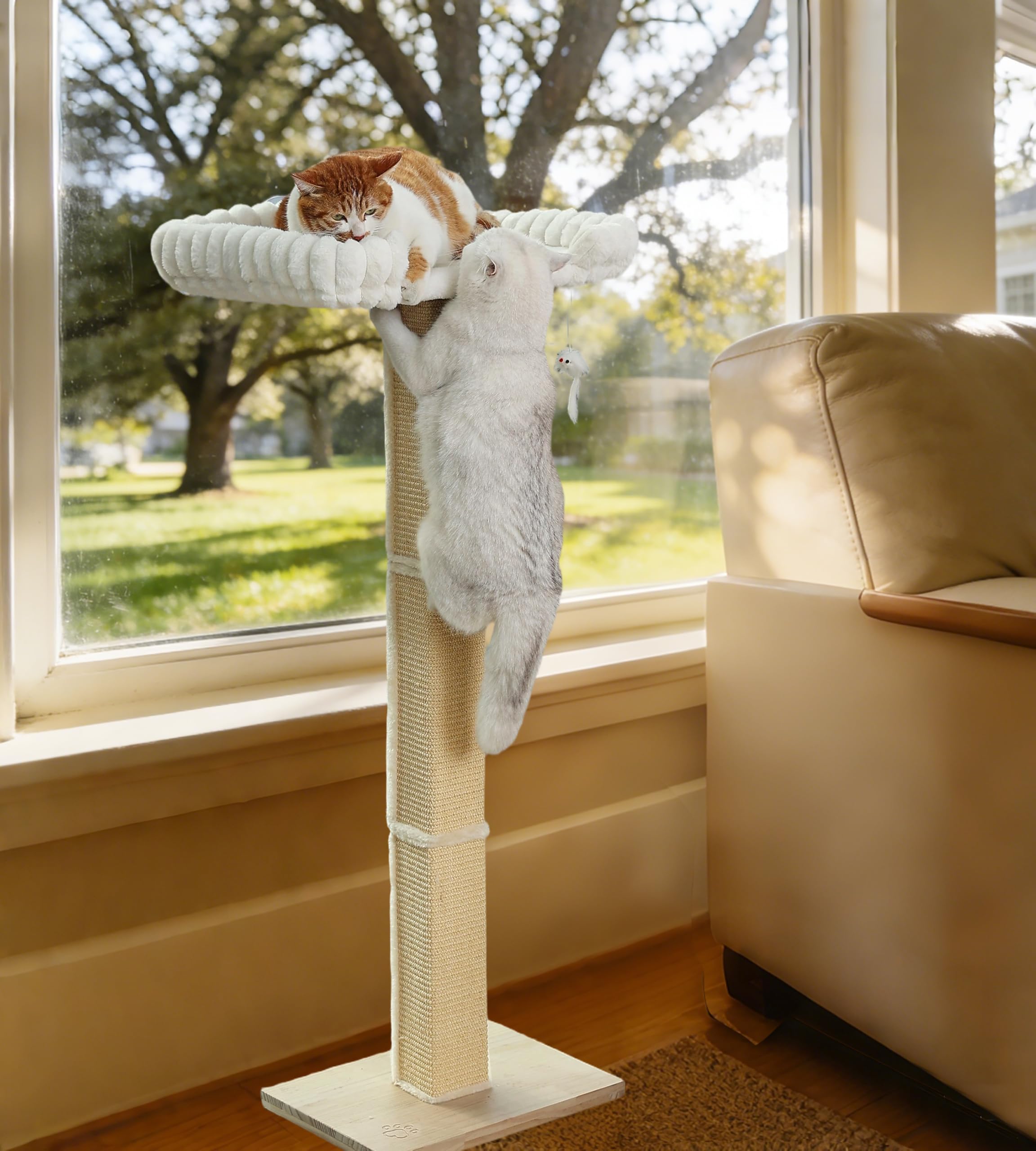 SnugCloud - Poste rascador para gatos con percha grande para ventana, cama ultra suave con refuerzo, árbol rascador de sisal ajustable de 47 pulgadas de alto para gatos grandes Maine Coon, escalar
