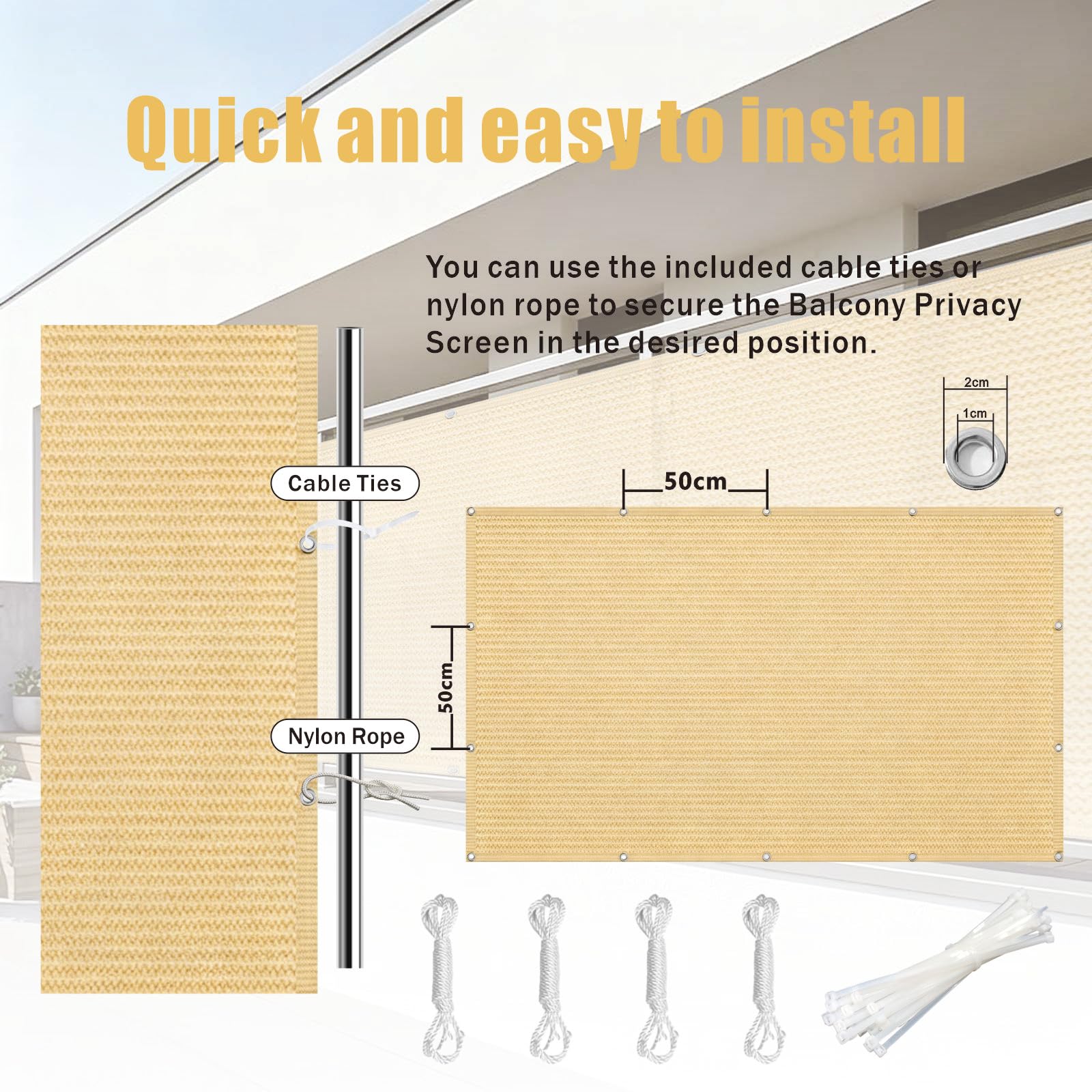 Osłona Ogrodowa 70 x 300 cm Hdpe, Stopień Zacienienia, 95% Uv, Przepuszczający Powietrze, Osłona Balkonowa Zapewniająca Prywatność Z Użyciem Opasek Do Basenów, Piaskowy żółty