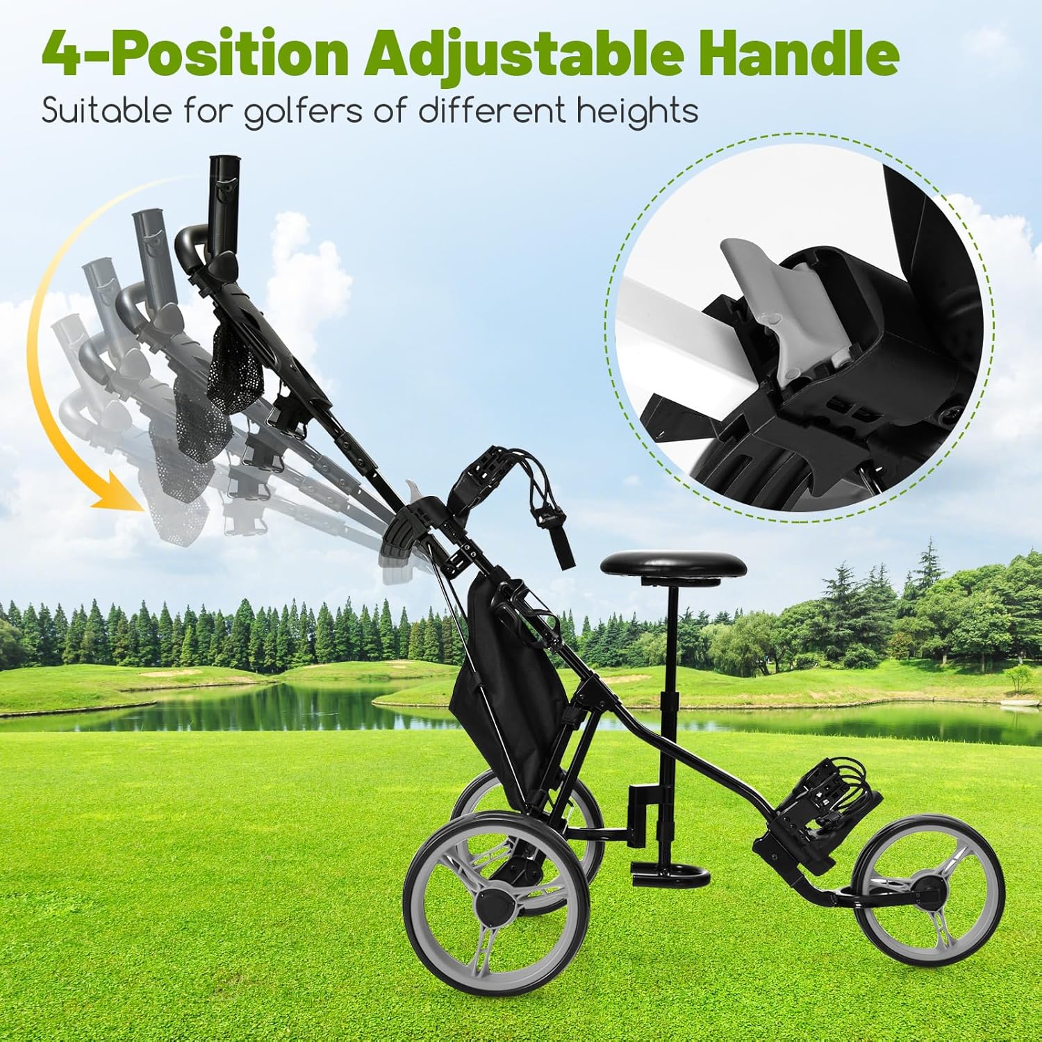 Goplus 3 Wheel Golf Push Cart, Lightweight Foldable Caddy Cart w/Adjustable Seat, Handle, Umbrella Holder, Foot Brake, Golf Trolley for Golf Bags, Collapsible Golf Pull Cart for Men Women
