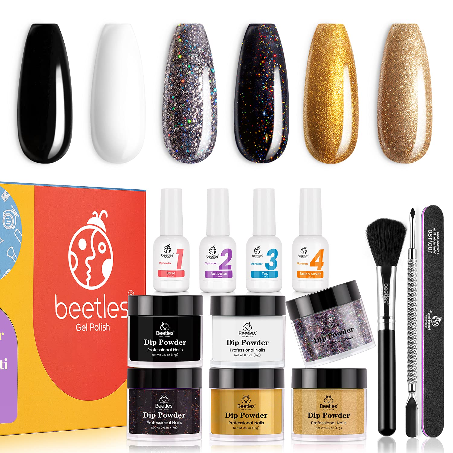 Beetles Dipping Powder Starter Kits, 6 Colors Black Gold Glitter Dip Powder Nail Dip Set Dipping System for French,No LED Nail Lamp Needed Manicure Nail Art DIY Home Gifts for Women, 0.6 fl.Oz/Each