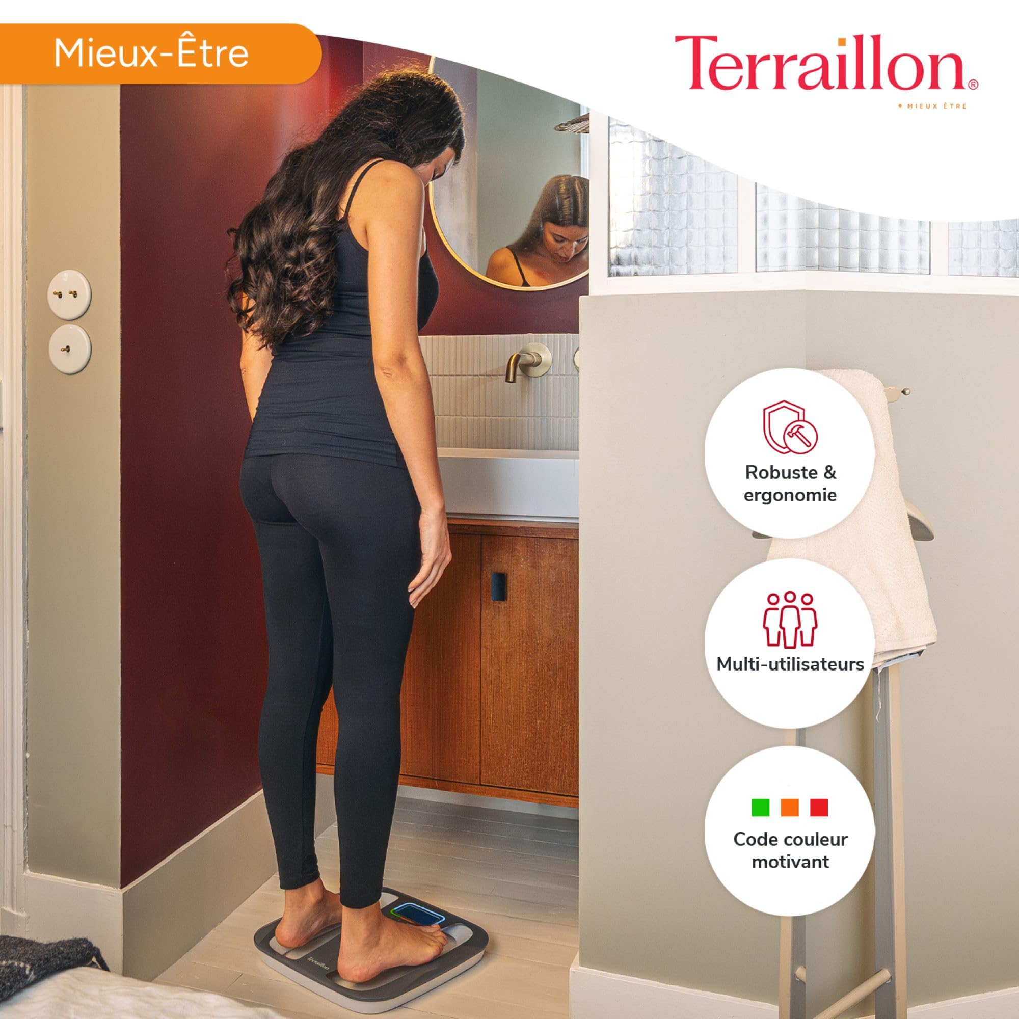 TERRAILLON - COLOR COACH QUATTRO - Pèse personne électronique, Affichage couleur variation de poids, 4 Mémoires utilisateurs, Ecran LCD rétro-éclairé, Capacité 160 kg, Graduation 100g, Gris/Blanc