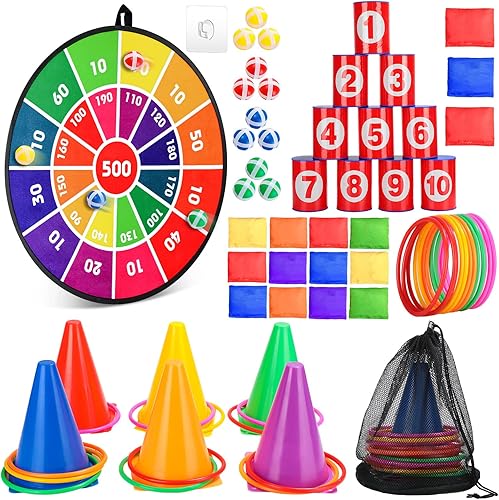 Hungdao Juego de 3 juegos de carnaval, tablero de dardos con bolas de plástico, conos de plástico, bolsas de frijol, juego de lanzamiento para