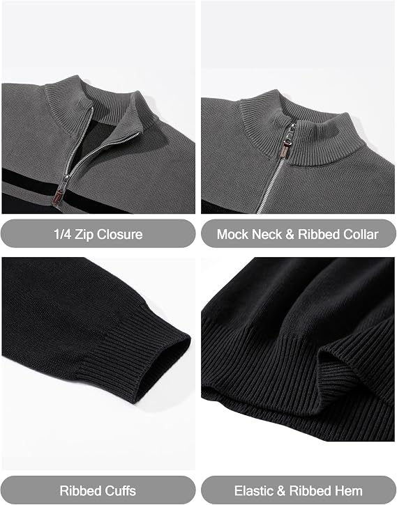 CRYSULLY Mens Sweater 1/4 Zip Cotton Pullover Knitted Striped Warm Casual | Classic Long Sleeve Quarter Zip Sweatshirt; Color Block; Mock Neck; Regular Fit; Great for Winter, Fall or Daily