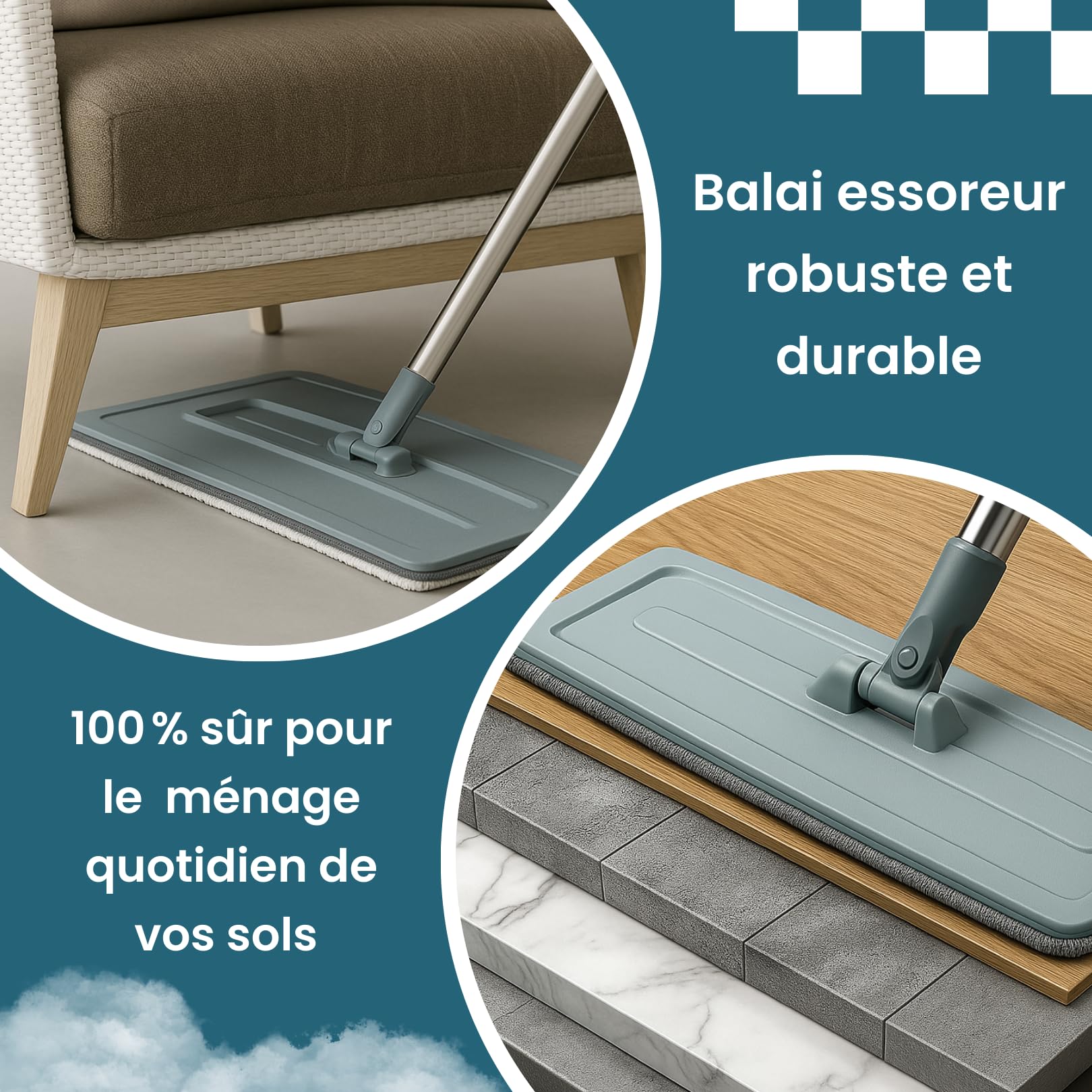 Venteo Balai Autoclean Mop 360° avec Seau Double Compartiment | Serpillière Microfibre Ultra Absorbante | Système de Nettoyage Mains Libres | Balai Serpillère Pivotant pour Sols Durs & Carrelage