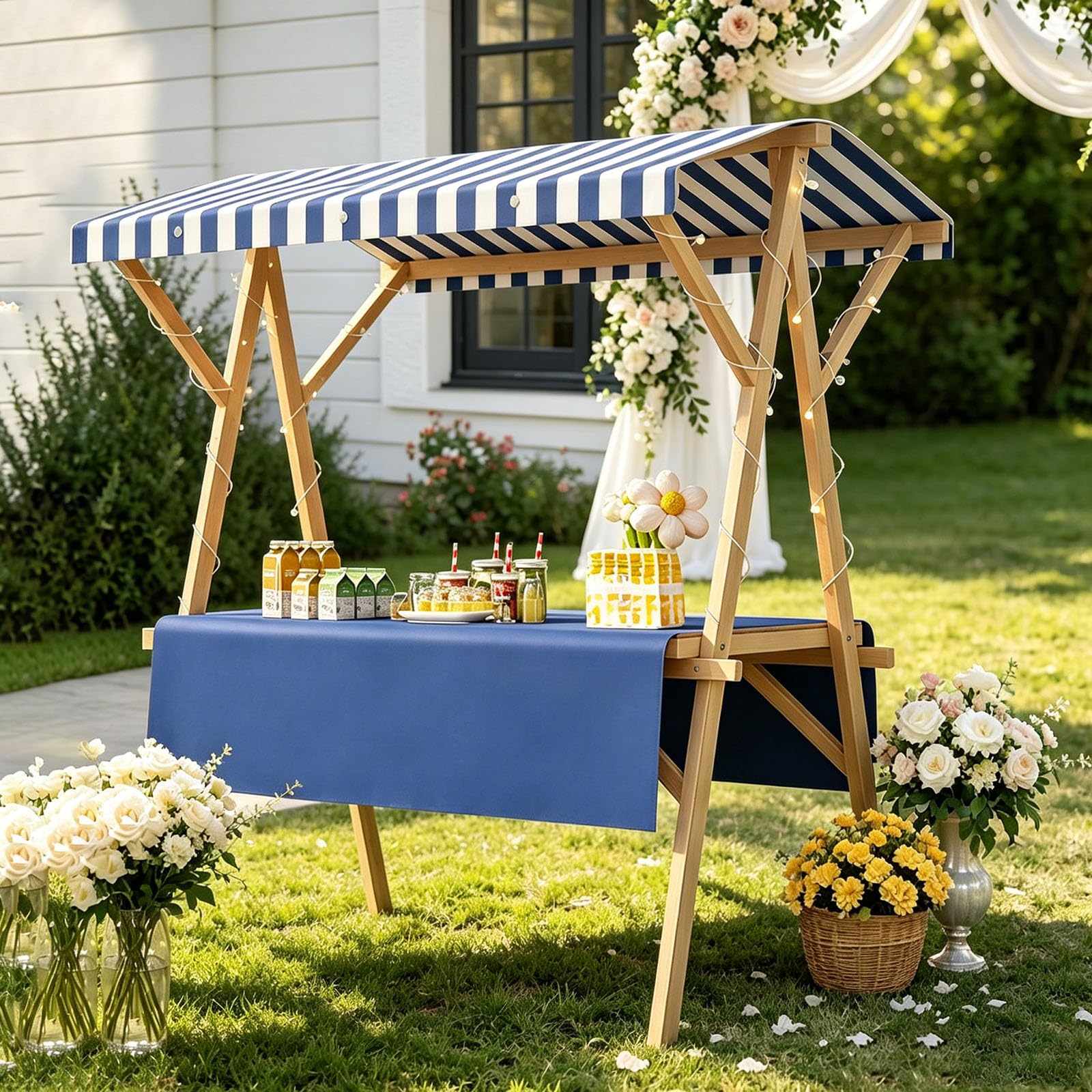 Portable Farmers Market Stand, Mobile Food Cart with Canopy, Foldable Outdoor Market Stall Vendor Carts for Farmers Market, Dessert Cart, Outdoor Events blue S
