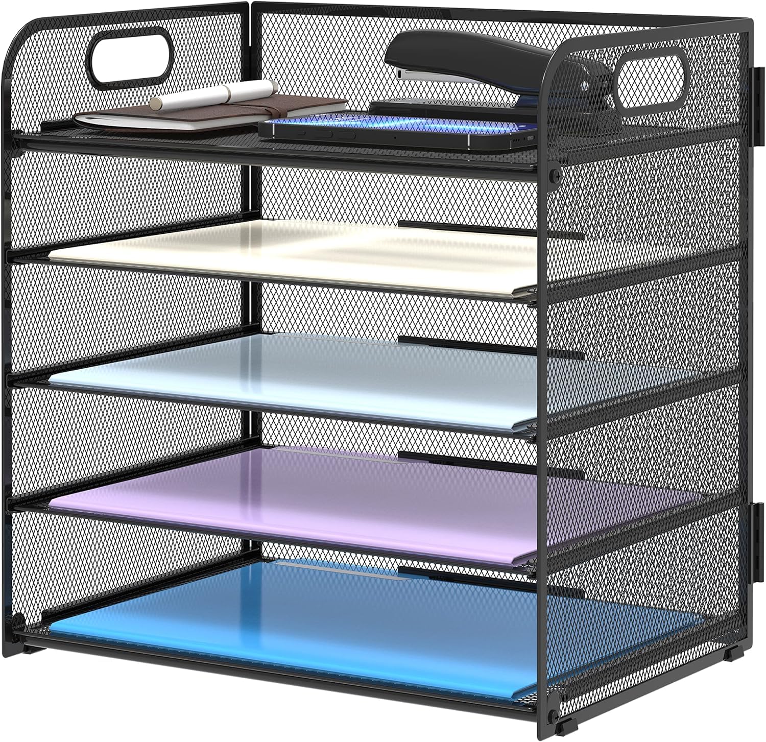 SUPTIDY Schreibtisch Organizer mit Griff, 5-stöckiges Papier Briefkasten Organizer, Dokumentenablage Büro Organizer für Zuhause und Schule, Schwarz