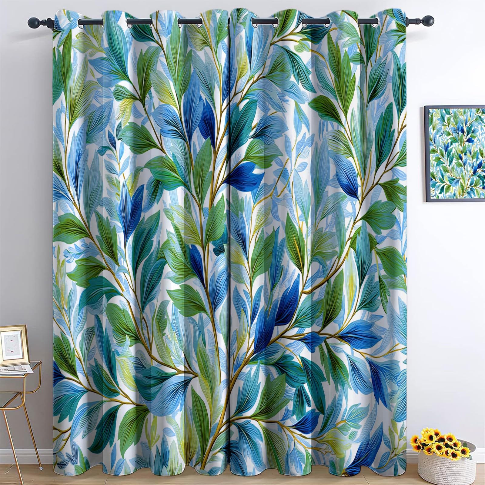Générique Rideaux Occultants Enfant Rétro Moderne 110 x 215 cm (L x H), Isolation Phonique à Œillets Feuille Saule Imprimé, pour Chambre Garçon (2 Panneaux) Bleu