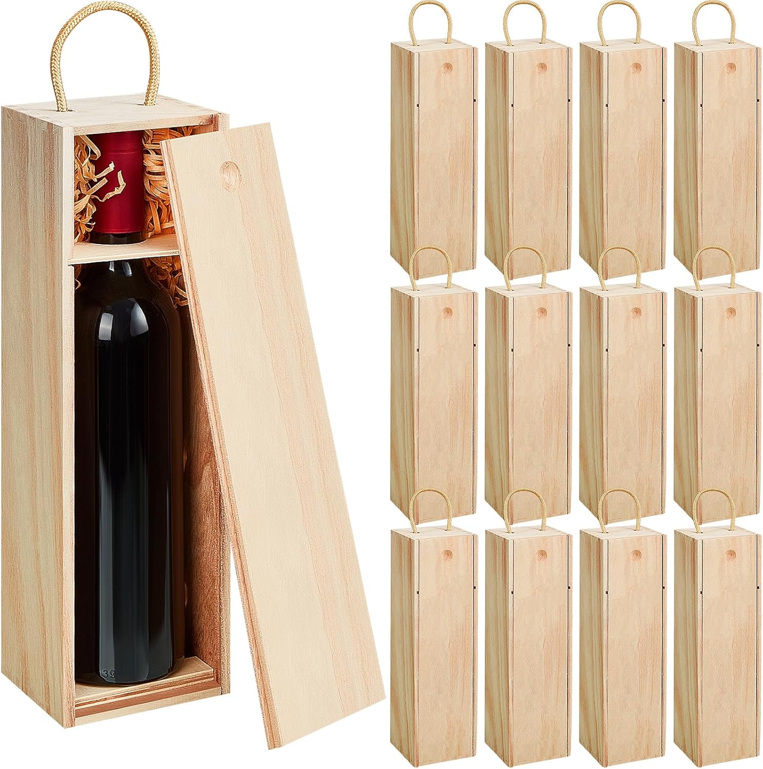Suzile 12 Pcs Wooden Wine Boxes Set Unfinished Wood Box with Twine Handle Raffia Single Bottle for DIY Crafts Birthday Party Wedding Staff Employee Appreciation Mother Day Gift 13.8'' x 3.9'' x 3.9''