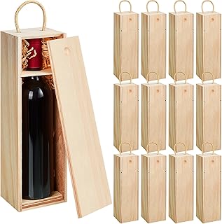Suzile 12 Pcs Christmas Wooden Wine Boxes Set Unfinished Wood Box with Twine Handle Raffia Single Bottle for DIY Crafts Birthday Wedding Employee Thanksgiving Gift 13.8'' x 3.9'' x 3.9'' (Brown)