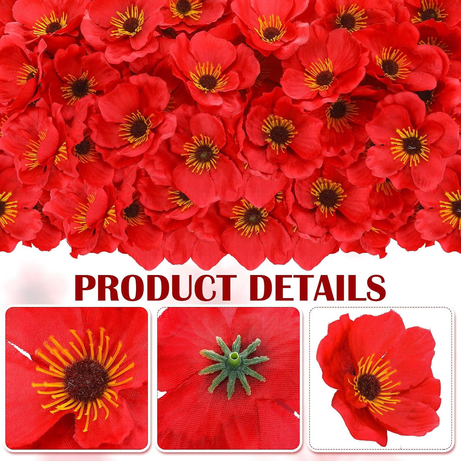 Zeyune 90 Pcs Red Poppy Flowers 3.15 Inch Halloween Silk Poppies Heads image 4