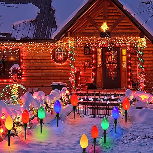 Miniatura 9 de Luces de Navidad Jumbo C9 decoraciones para césped al aire libre con estacas de marcador de camino, paquete de 2 luces de 7 pies con bombillas
