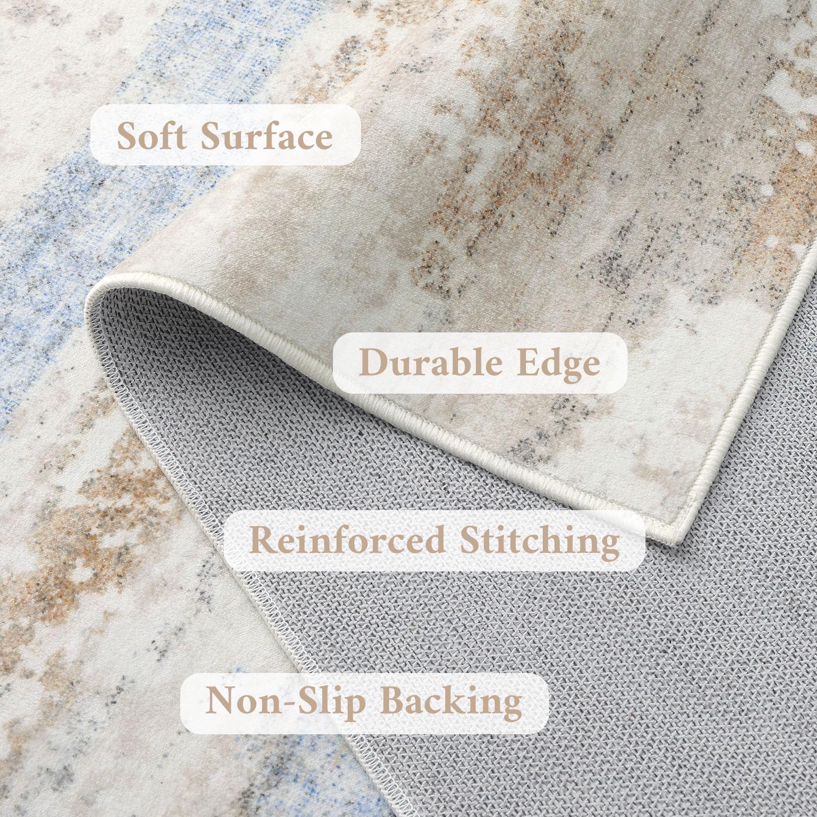 smiry Tappeto moderno astratto per soggiorno, 120 x 160 cm, lavabile, antiscivolo, in lana sintetica, a pelo corto, per camera da letto, sala da pranzo, ufficio, blu e beige