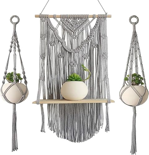 Juego de 3 estantes flotantes de macramé para colgar en la pared, hechos a mano con cordón de algodón tejido de madera para colgar en el