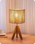 EDISHINE Tripod Table Lamp, Small Cute Bedside Lamp with Linen Beige Lampshade, Nightstand Lamp for Nursery, Bedroom, Kid Room, Living Room, Light Brown Wooden Base, E26 Socket, 14.2 Inch