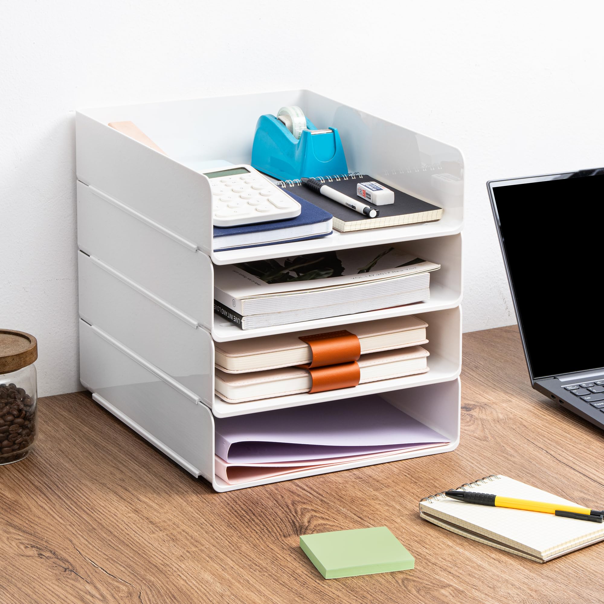 Organizer da scrivania, organizer per ufficio e archiviazione, vassoio per lettere in plastica, organizer impilabile per classe, casa, documenti, appunti, cartelle, libri e penne, 4 ripiani