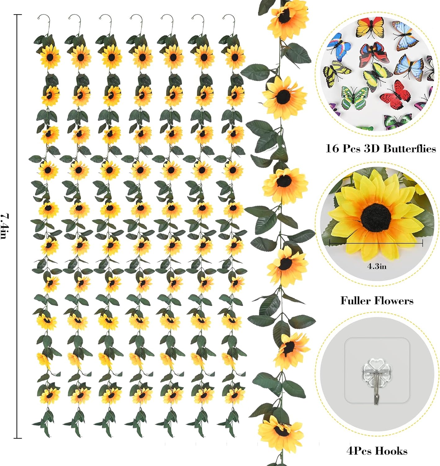 8 Pack Artificial Sunflower Garland Decor, Sunflower Vines Hanging Flowers Garland with Green Leaves, Fake Yellow Floral Vines Room Wedding Party Decoration
