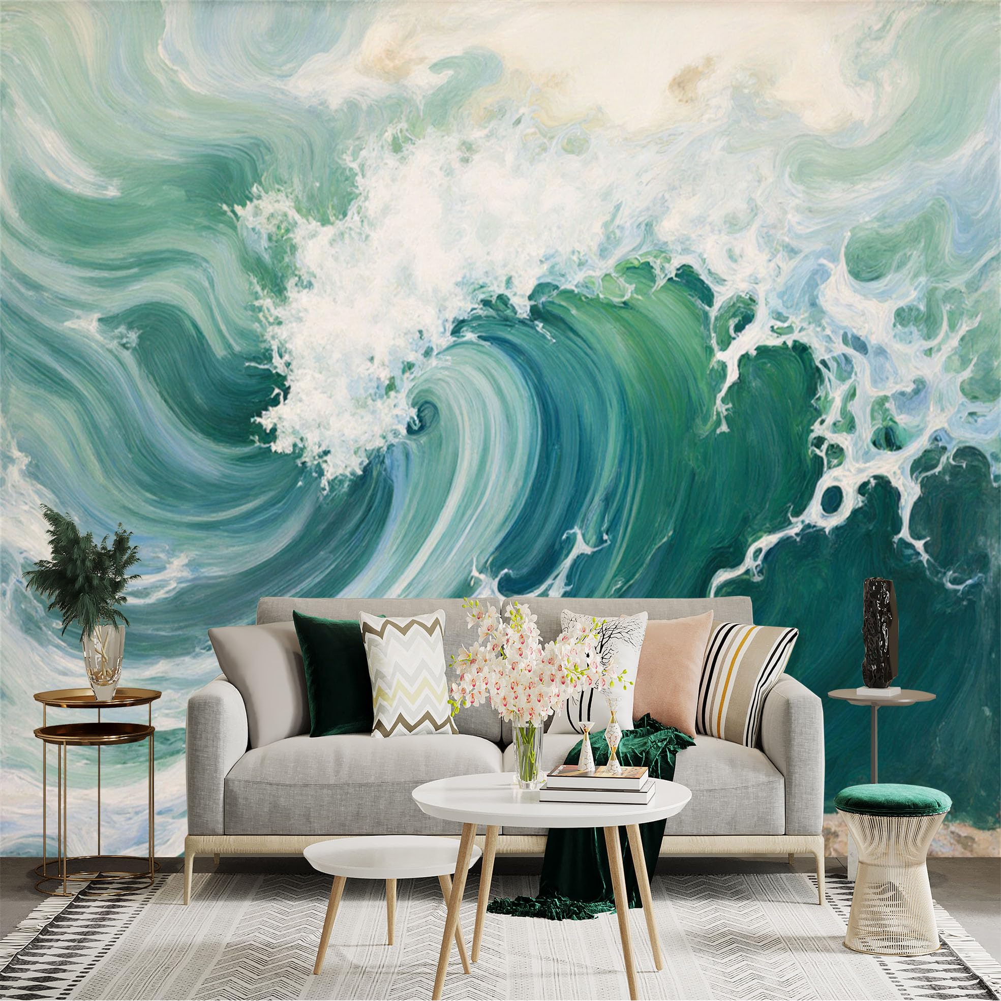 Custom Size Wall Sticker Mural， Ocean Wave with Sea Foam and Abstract Water Texture， for wall Decoration， peelandstick wall Decals.
